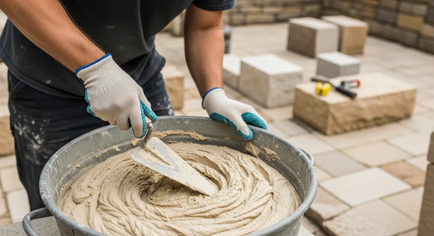 A stonemason mixes mortar in a tub.