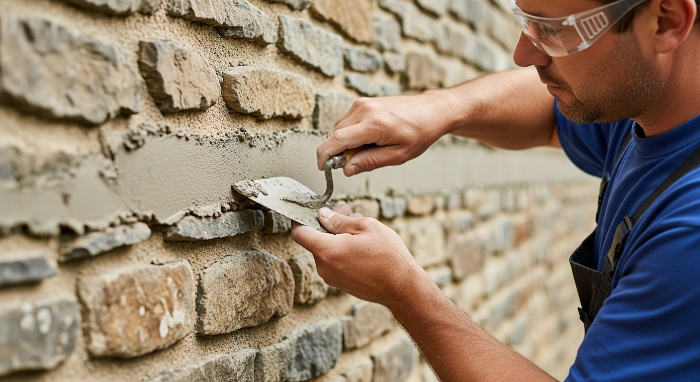 A stonemason repairs mortar joints on a stone wall.
