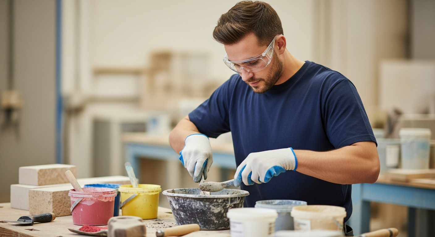 A stonemason mixes mortar pigments in a workshop.