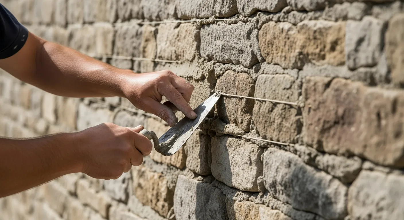 A stonemason repairs a pointing stone wall.