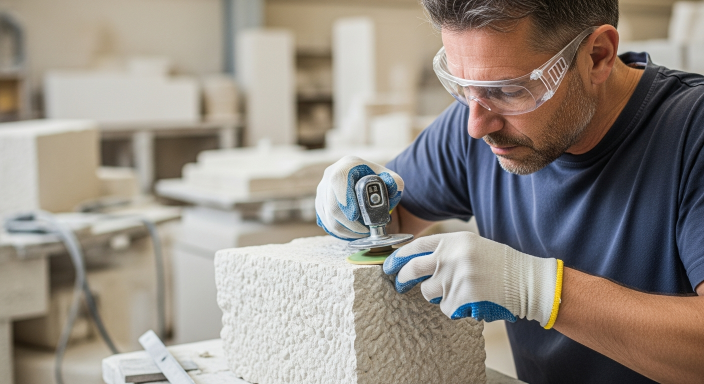 A stonemason polishes a piece of limestone in a workshop.