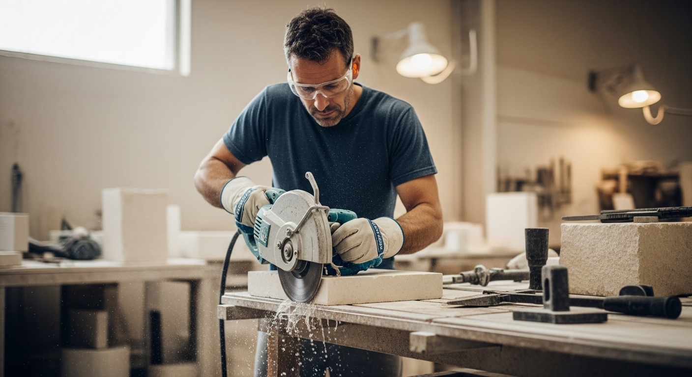 A stonemason cuts limestone with a diamond saw in a workshop.