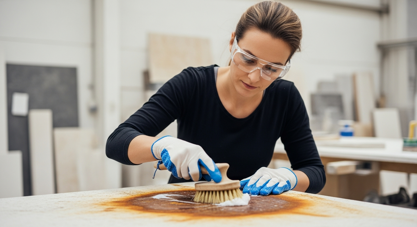 A woman cleans rust stains from a stone surface in a workshop.