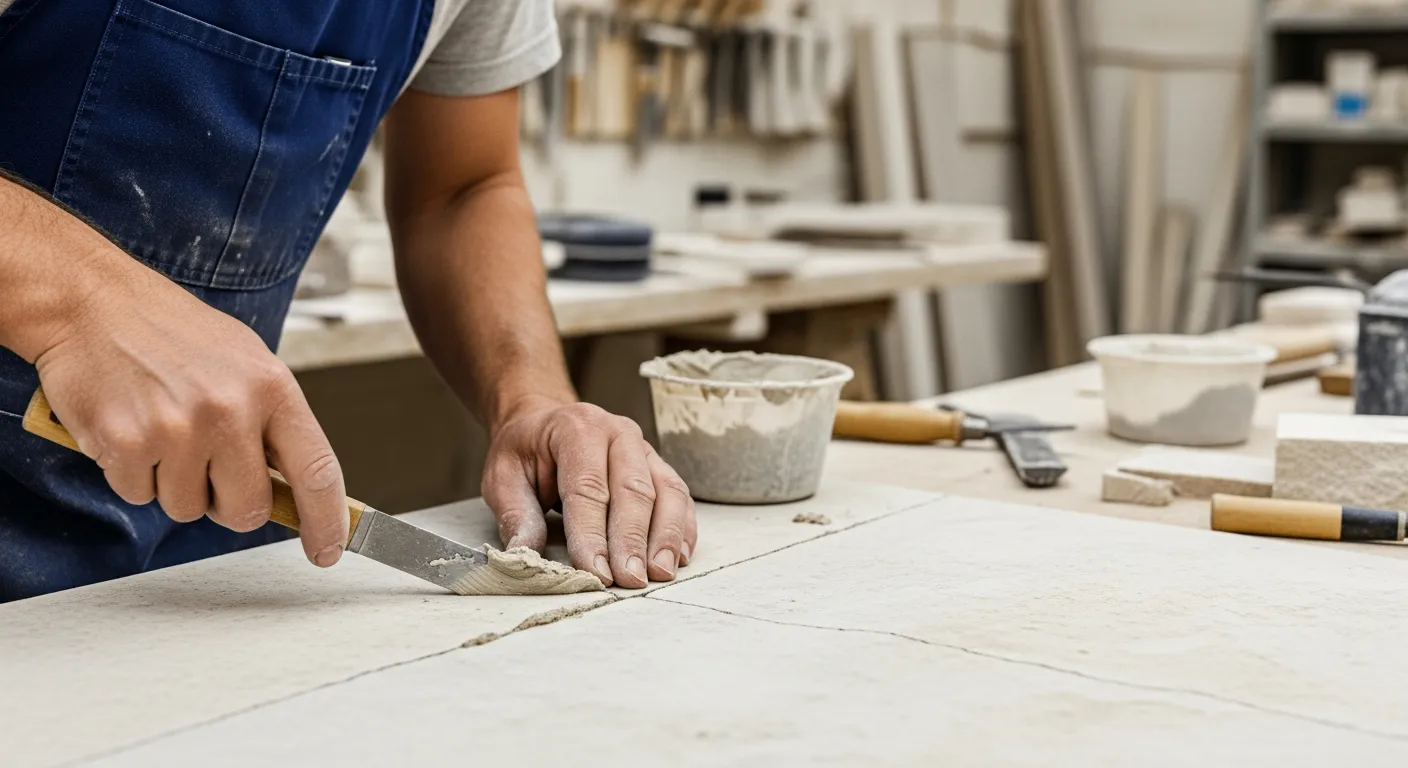 A stonemason repairs a crack in a stone surface.