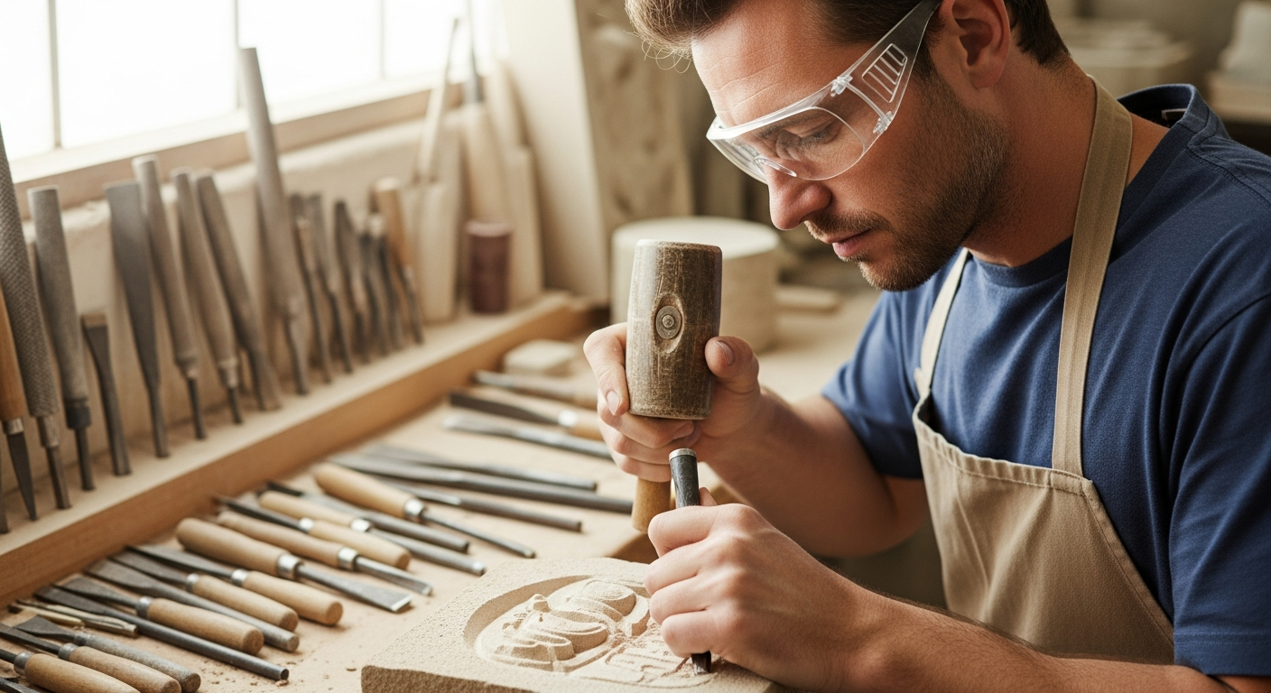 A man carves sandstone with a chisel and mallet in a workshop.