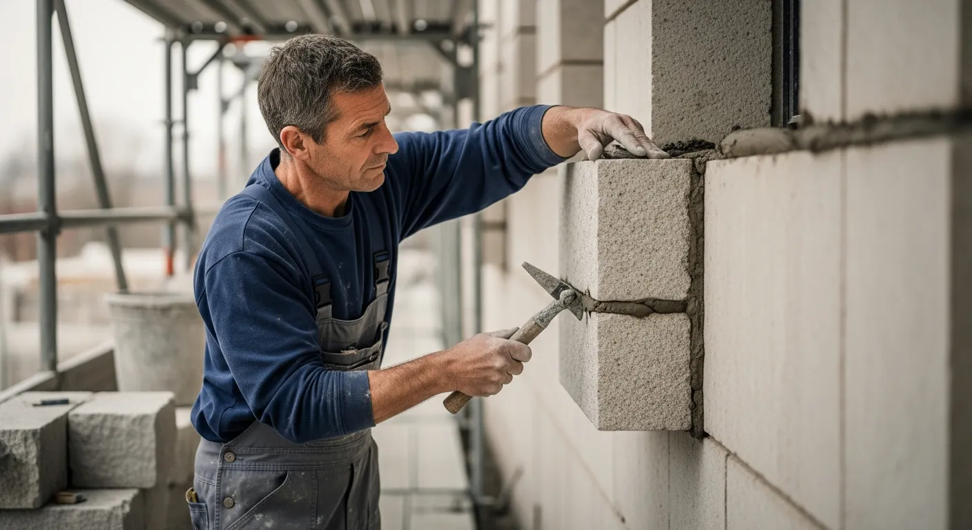 A stonemason is attaching a stone block to a building.