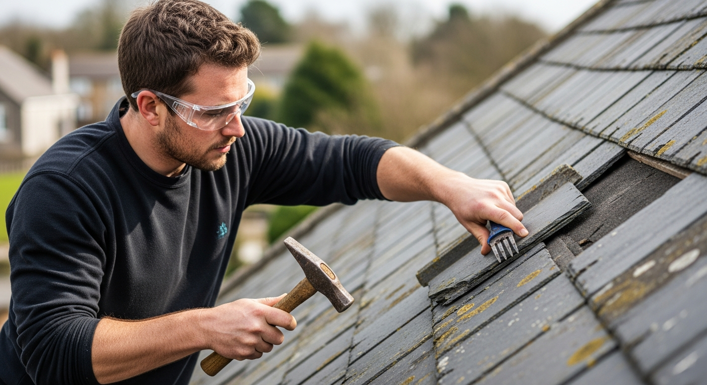 A man repairs a slate roof.