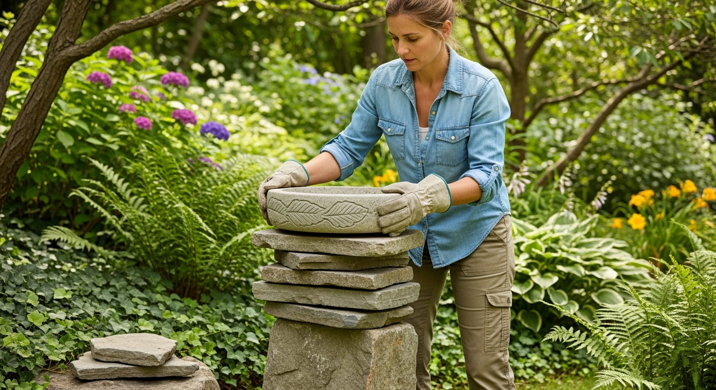 Woman building a stone birdbath in a garden