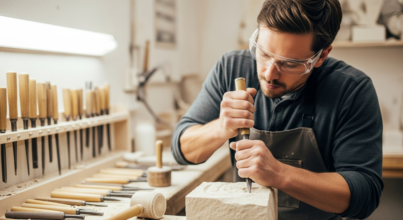 Man carving stone with chisel in workshop