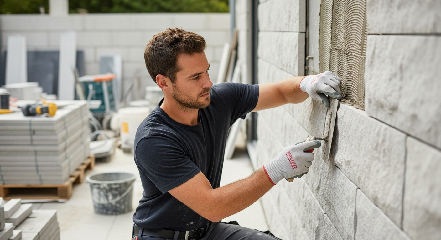 A stonemason installs stone cladding on a wall.