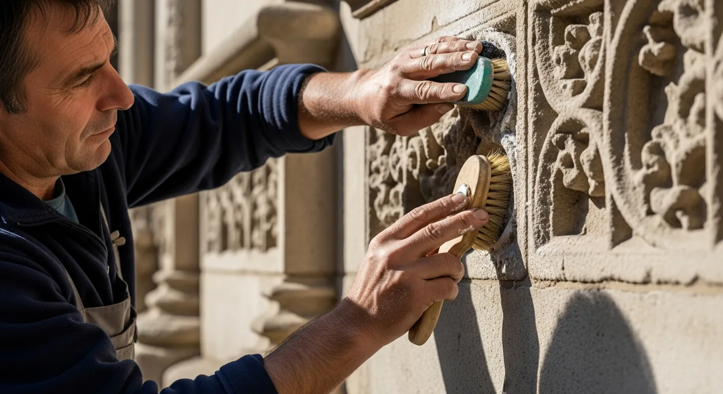 Stonemason cleaning a historic stone wall.
