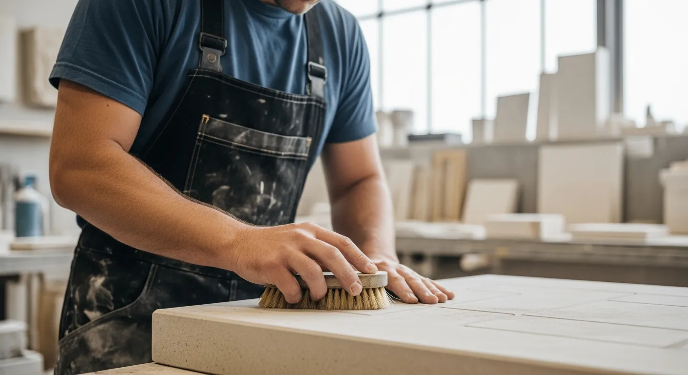 A stonemason cleans a limestone surface with a brush.