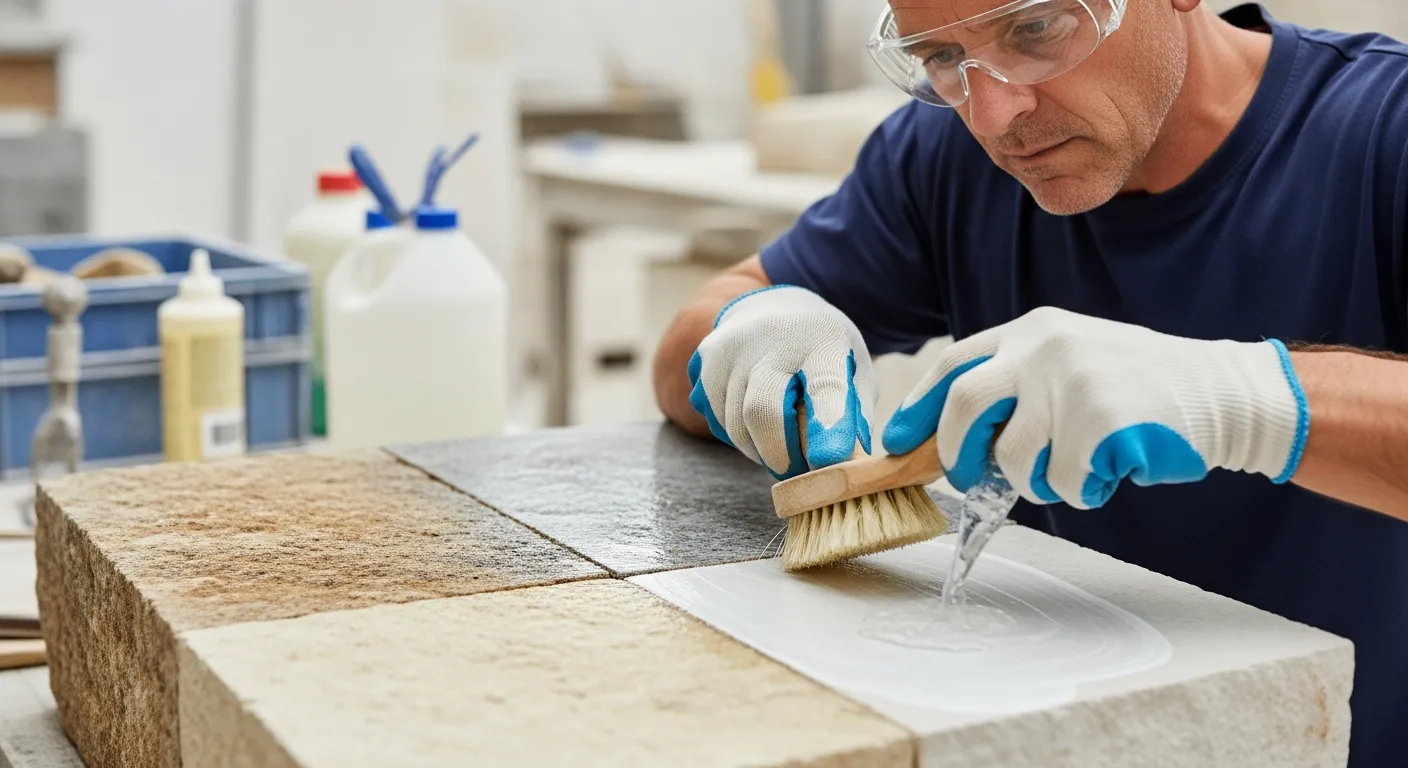 A man cleans a stone surface with a brush and cleaning solution.