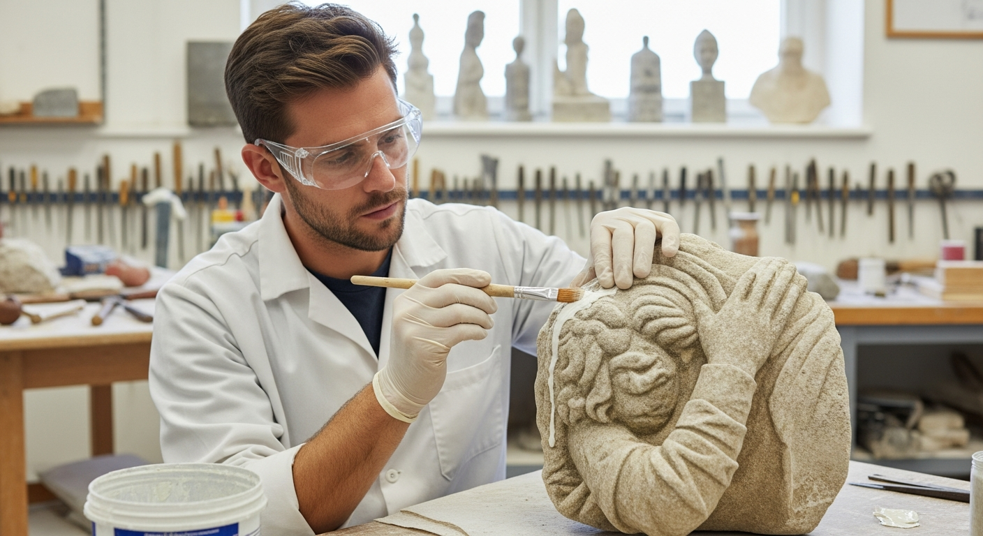 A man applies consolidant to a stone sculpture in a workshop.