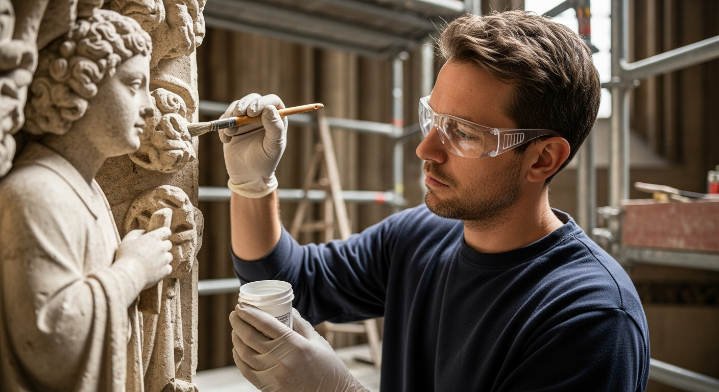 A stonemason works to preserve a stone sculpture.