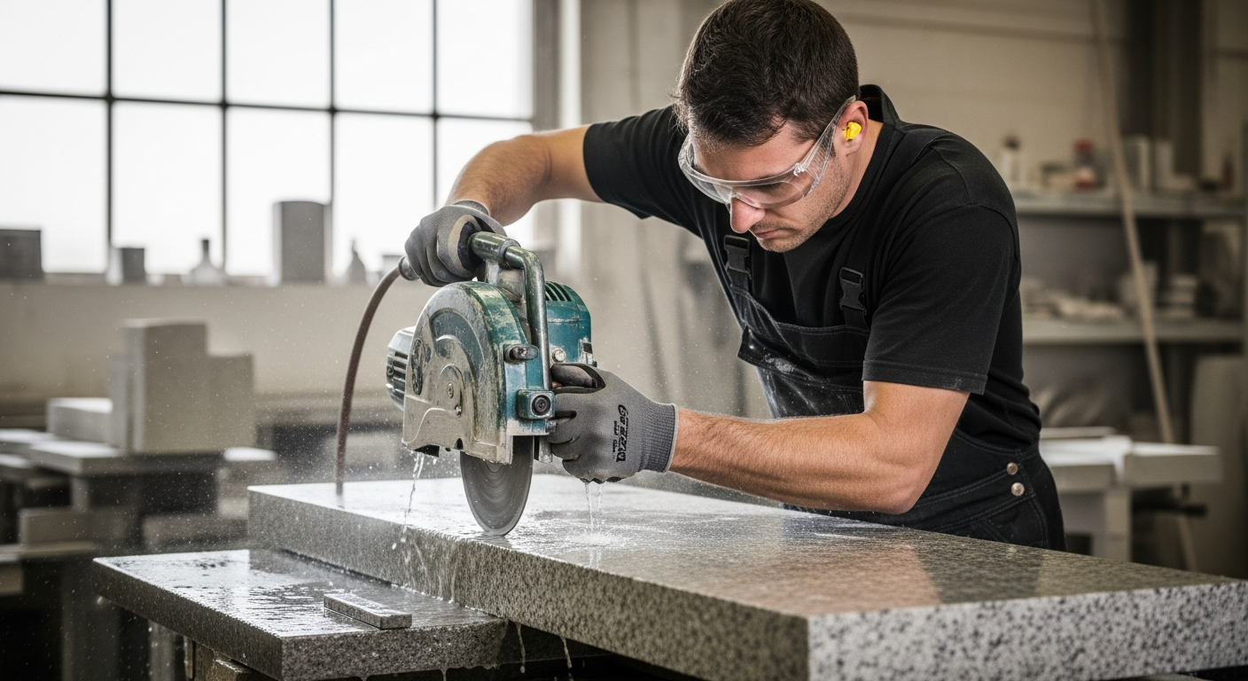 A stonemason cuts a granite slab with a wet saw in a workshop.