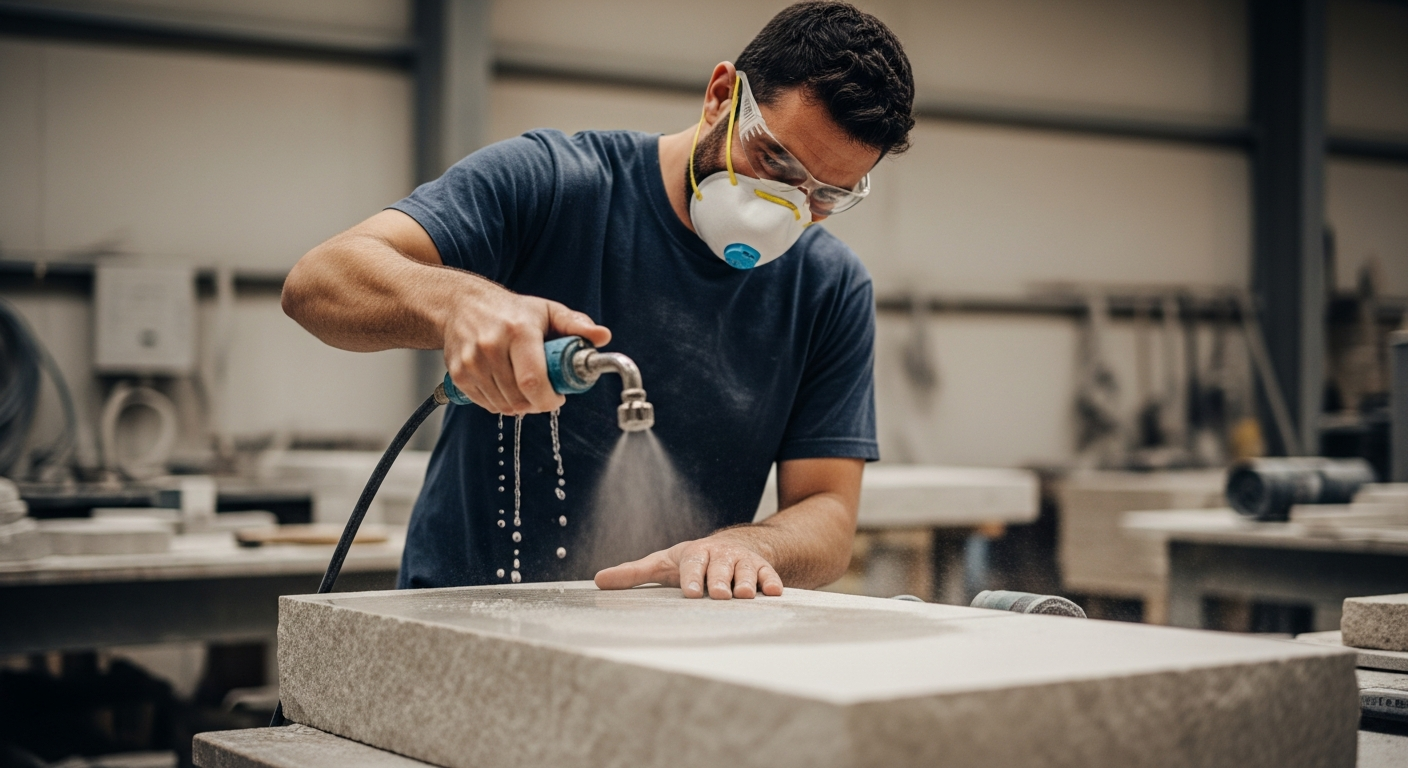A stonemason is spraying water to control dust in a workshop.