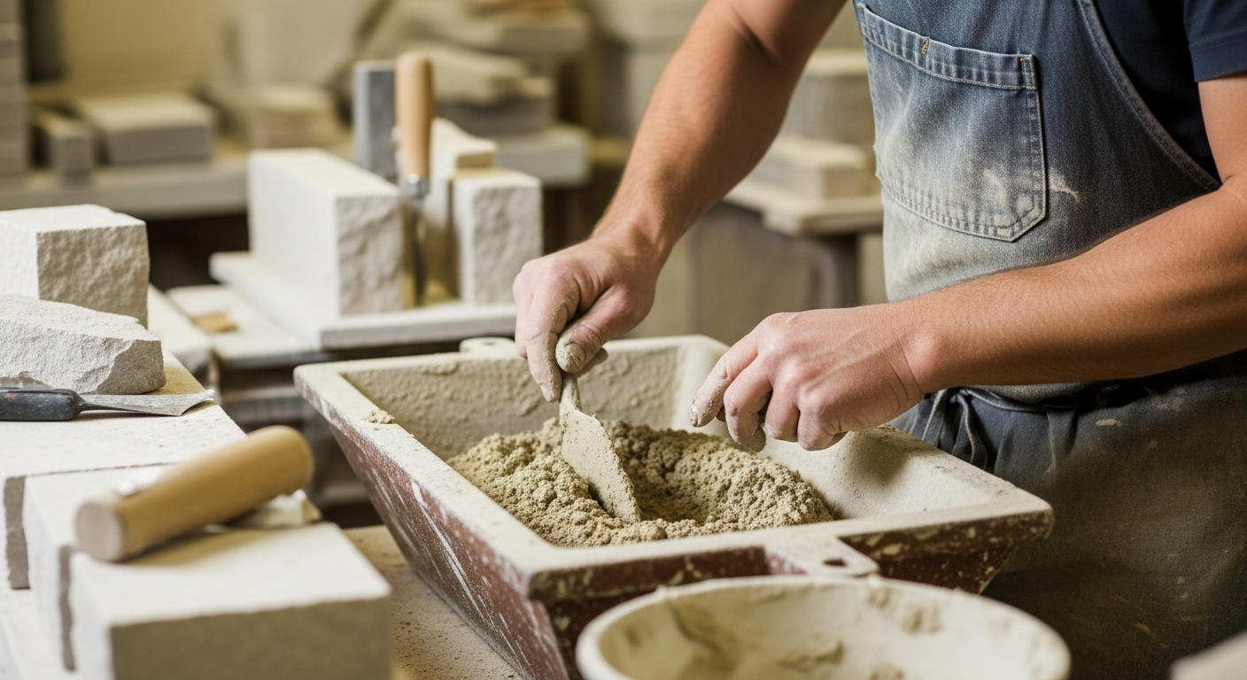 A stonemason mixes mortar with stone dust.