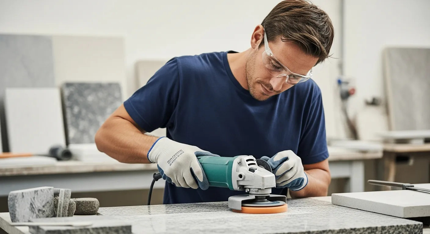 A stonemason polishes a stone surface in a workshop.