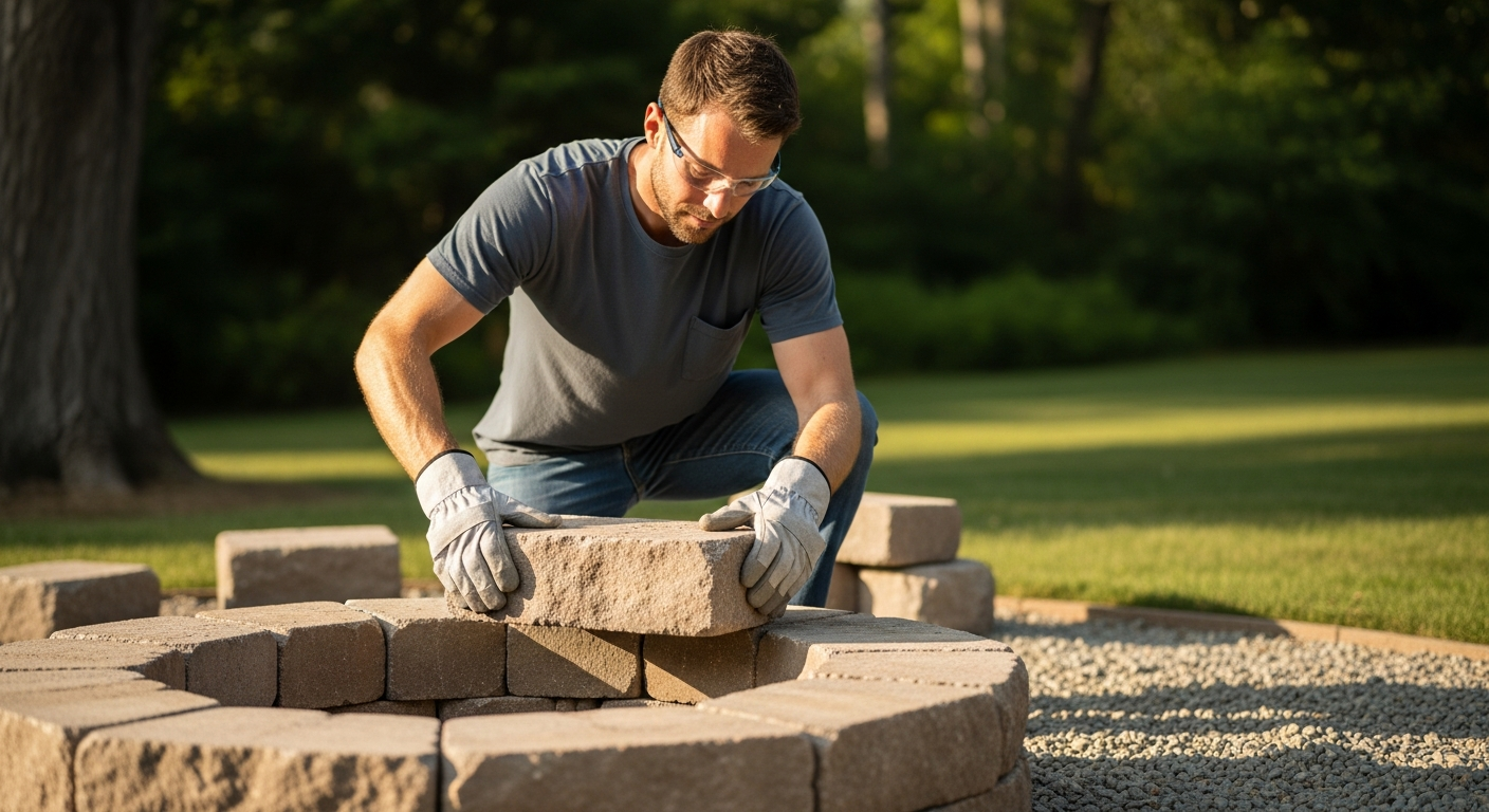 Man building a stone fire pit in his backyard