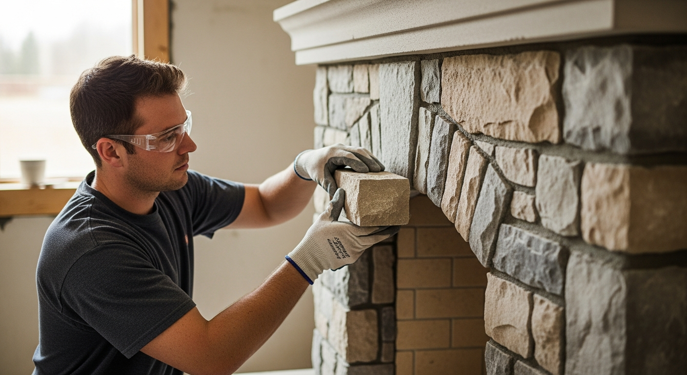 A stonemason builds a stone fireplace.