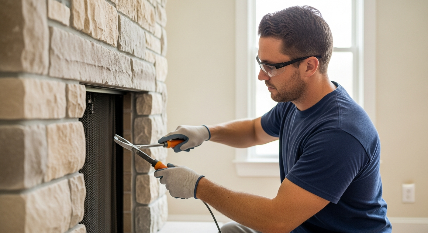 A stonemason cleans a stone fireplace.