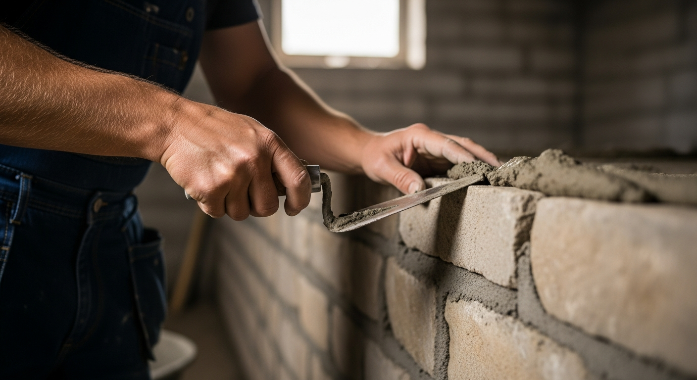 A stonemason repairs a stone foundation wall.