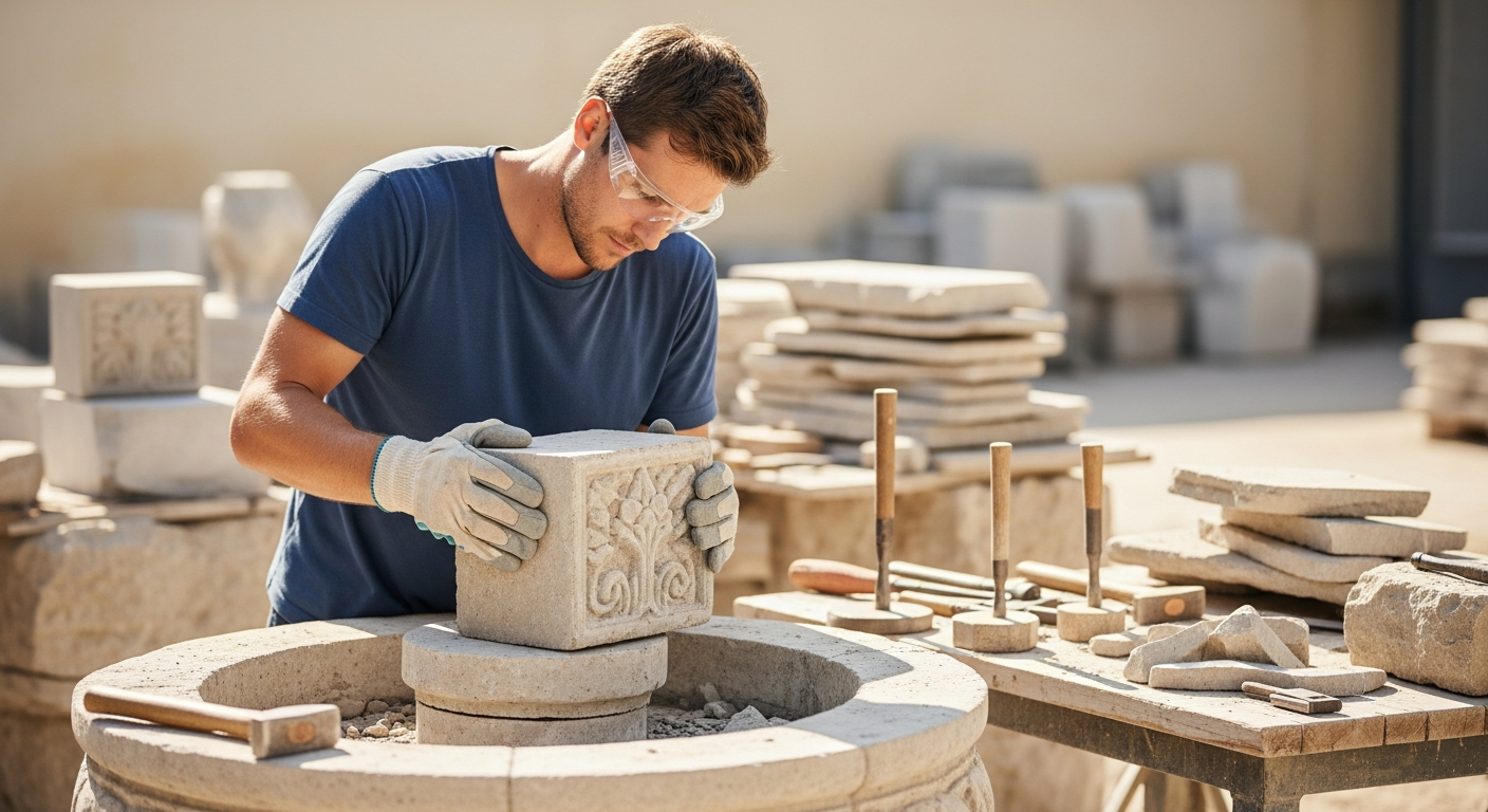 A man builds a stone fountain in his workshop.