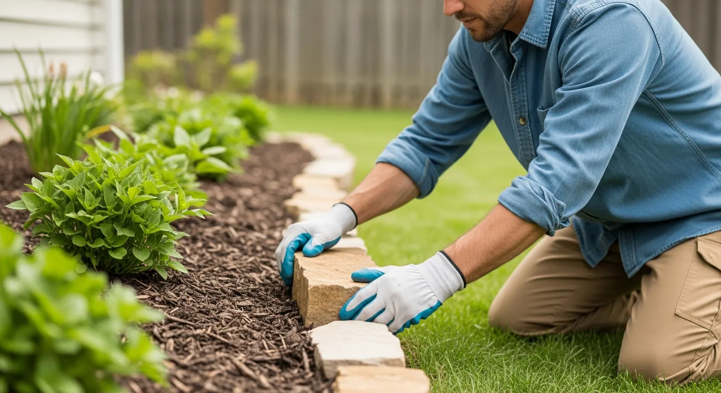 A man installs stone edging in a garden.