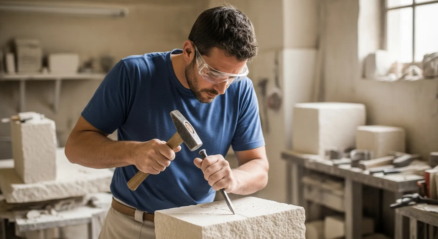 A stonemason shapes stone with a hammer and chisel in a workshop.