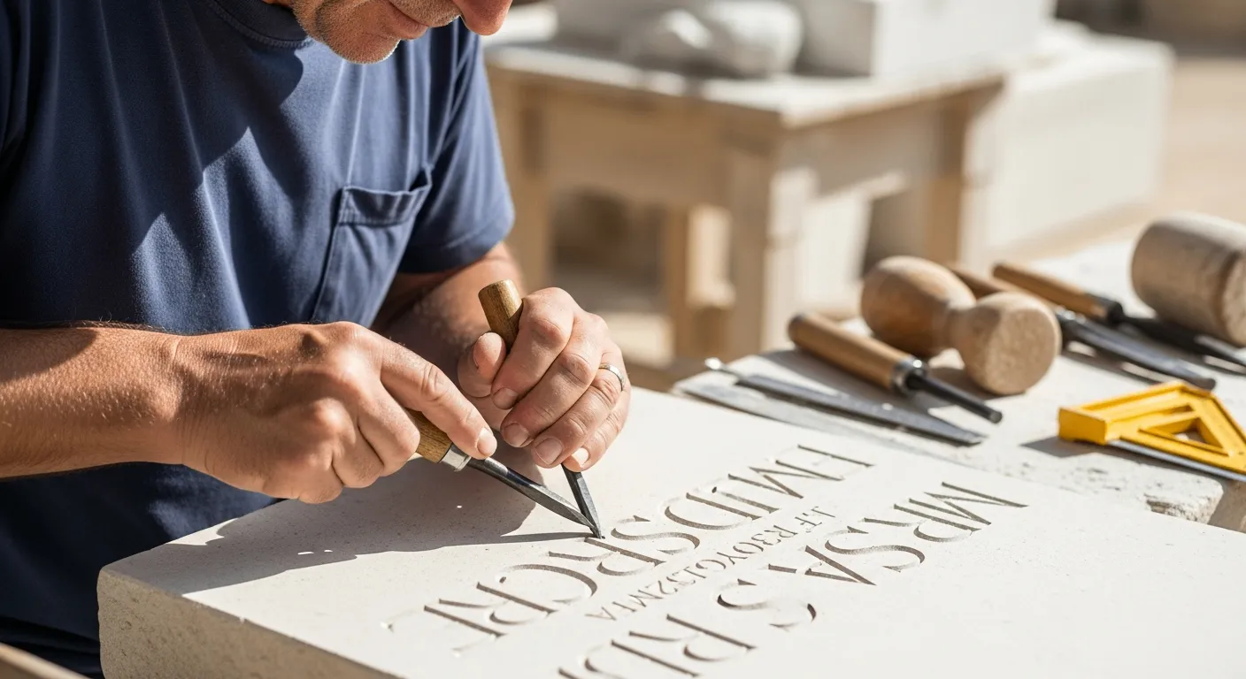 Man carving letters into a stone slab in a workshop