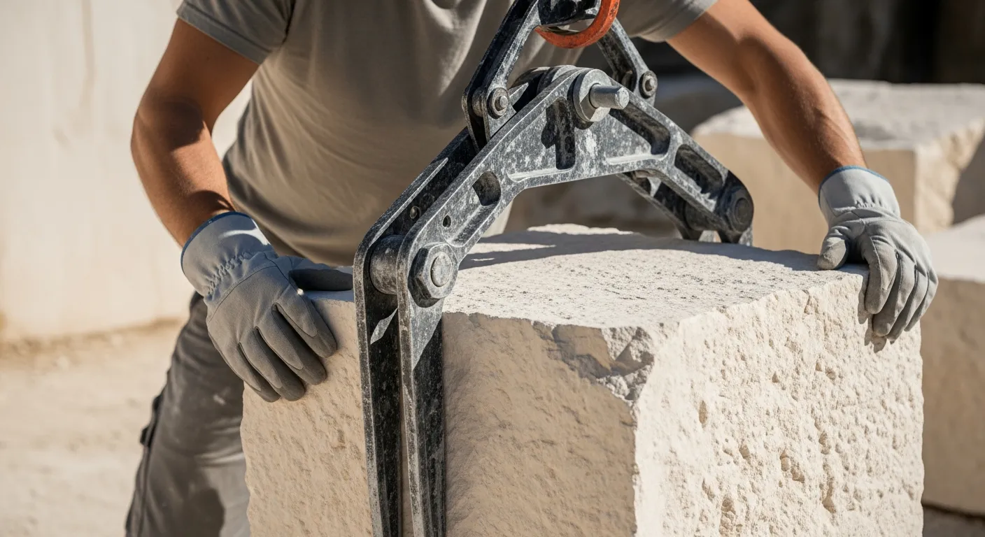 Stonemason using stone lifting clamps to move a large stone block.