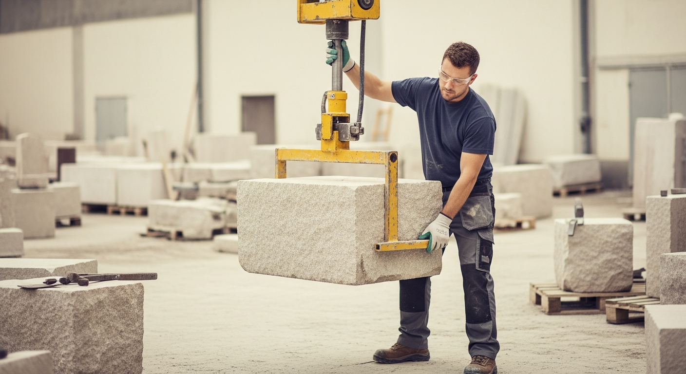 Stonemason lifting a large stone block with equipment