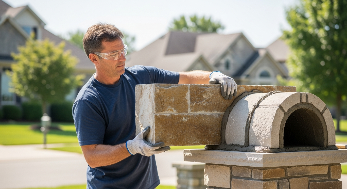 Man installing a stone mailbox in a front yard.