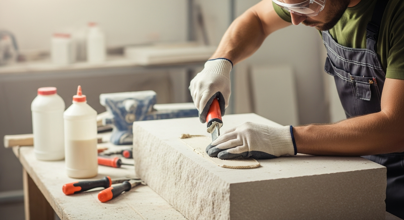 A stonemason applies adhesive to a stone block.