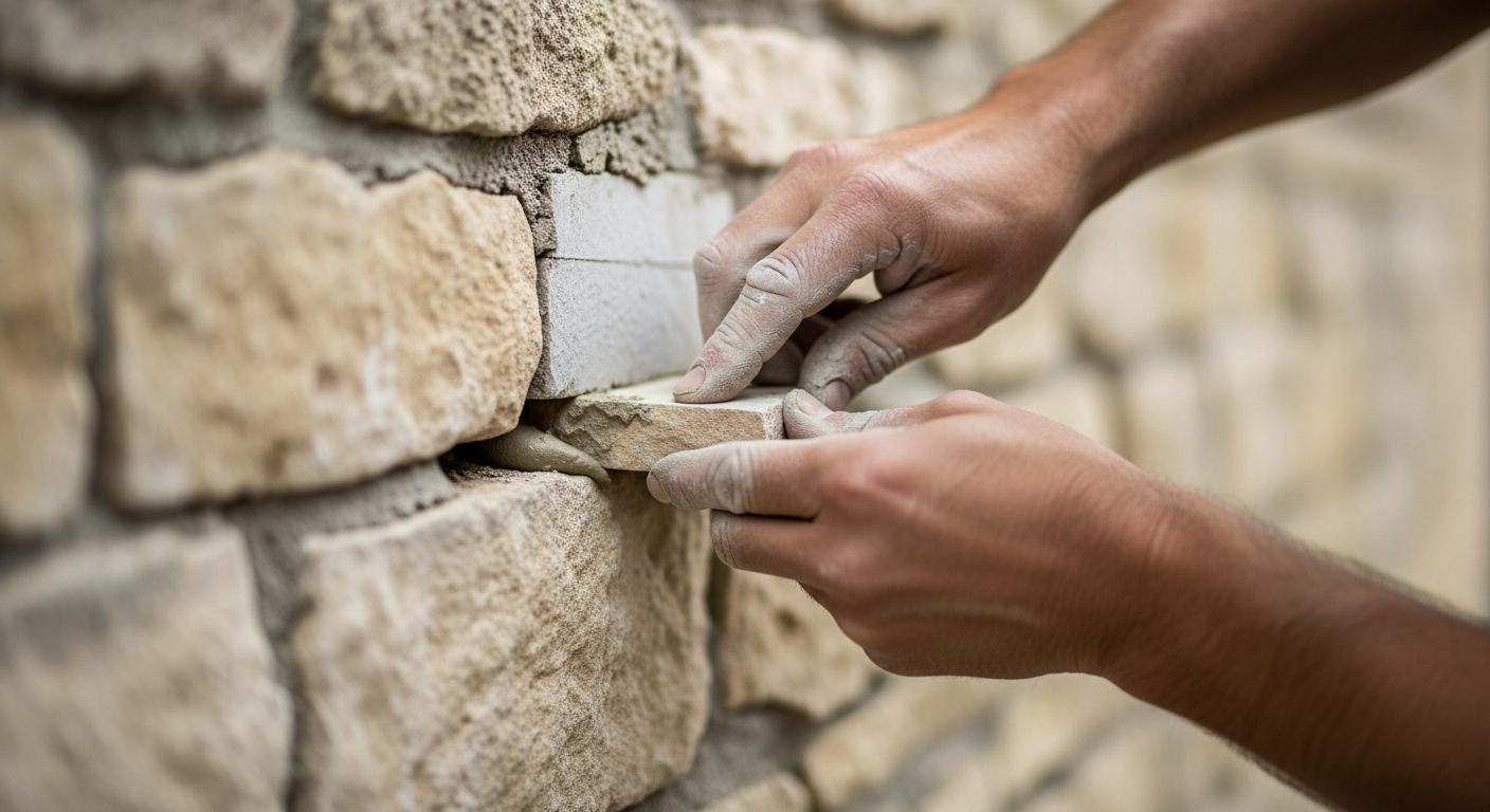 A stonemason repairs a stone wall with a patch.
