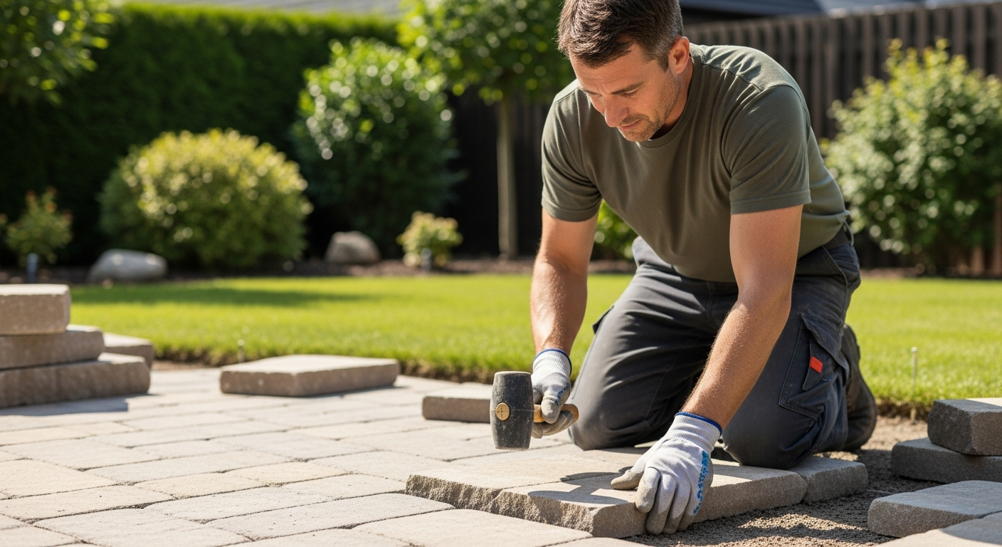 Man installing a stone patio in a backyard