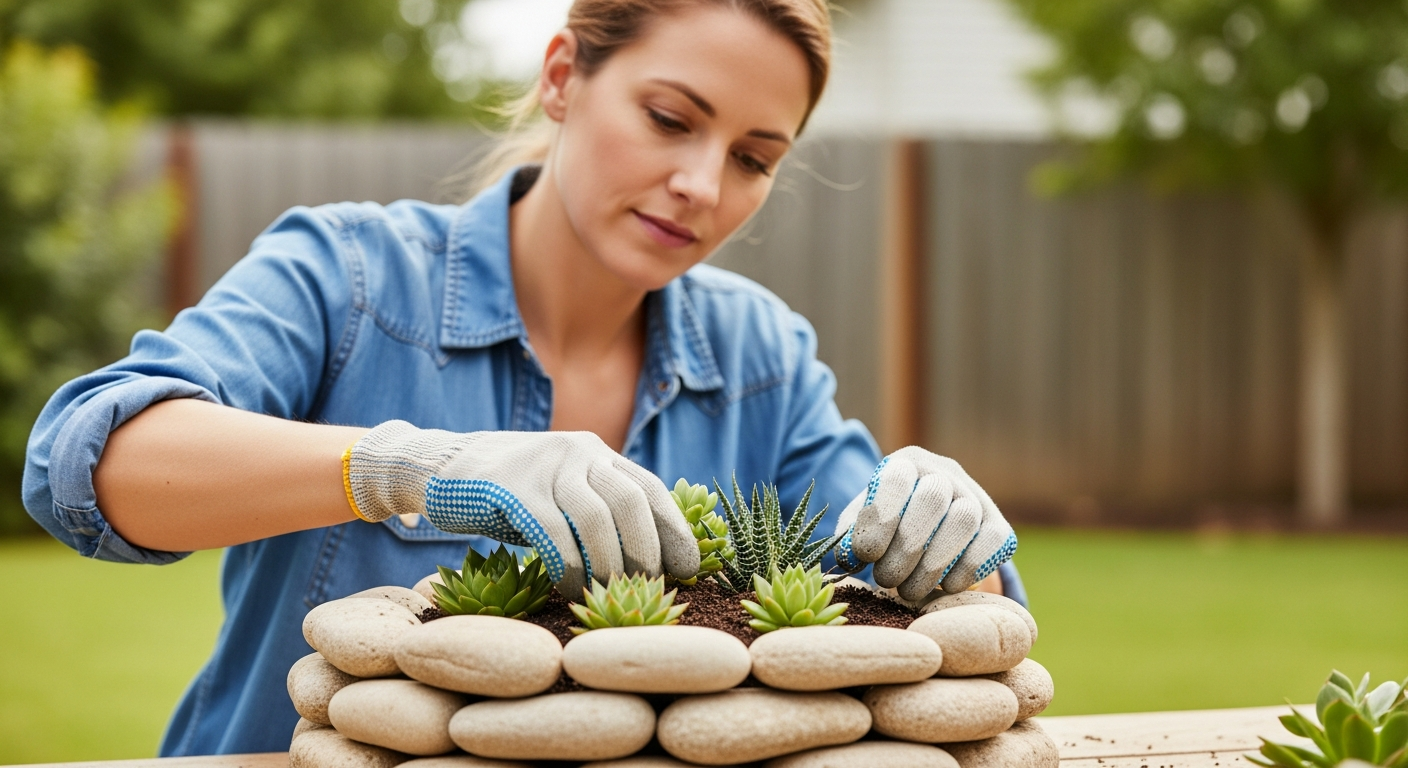 Woman planting succulents in a stone planter in her backyard