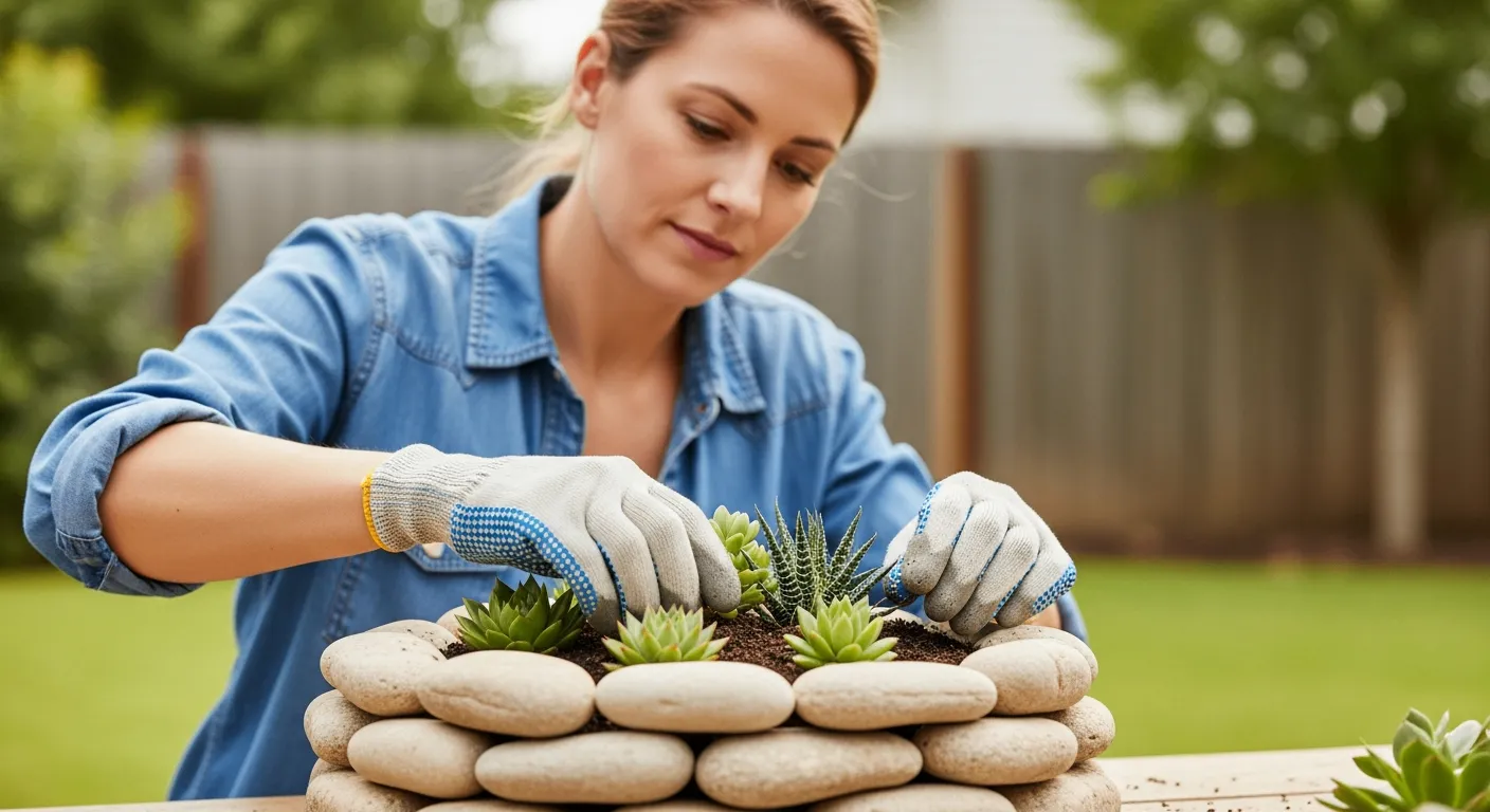 Woman planting succulents in a stone planter in her backyard