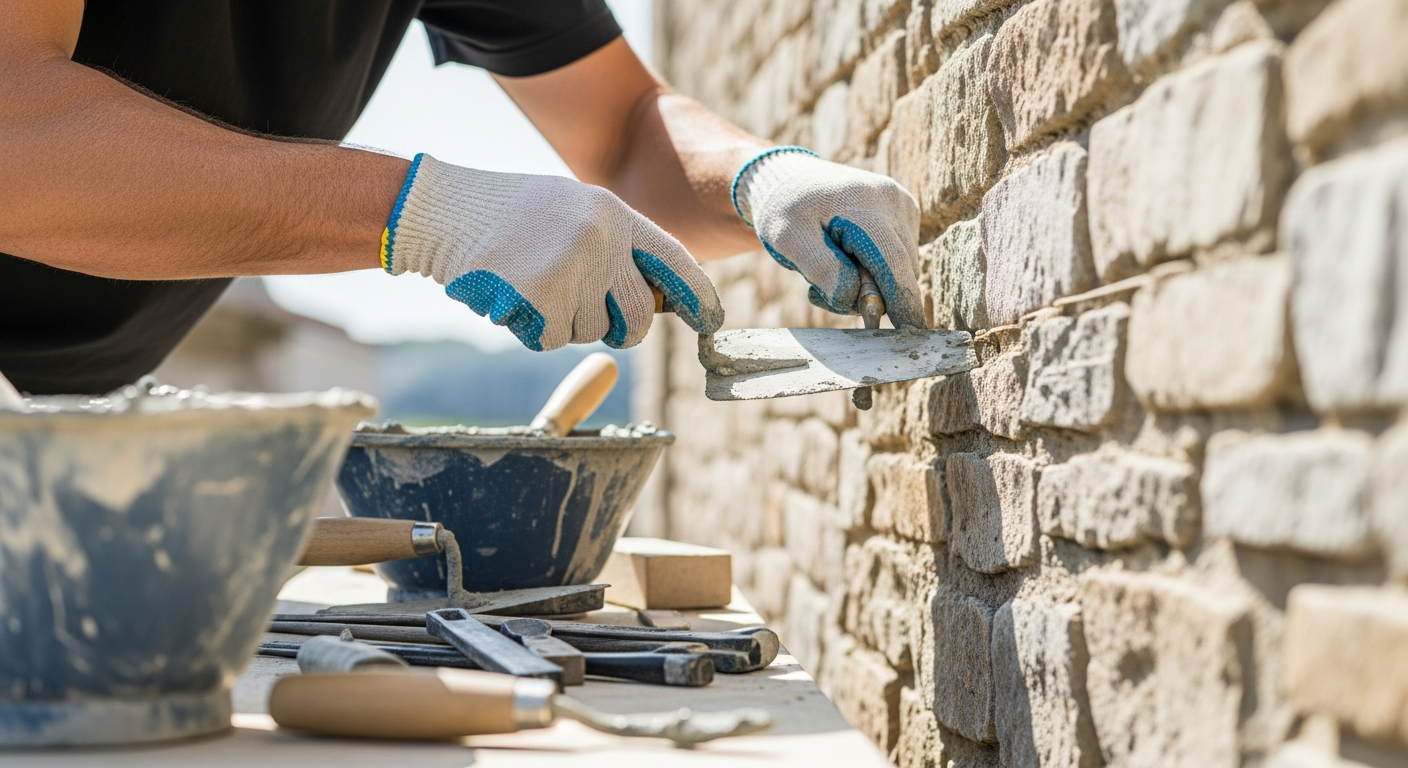Stonemason applying mortar to a stone wall.