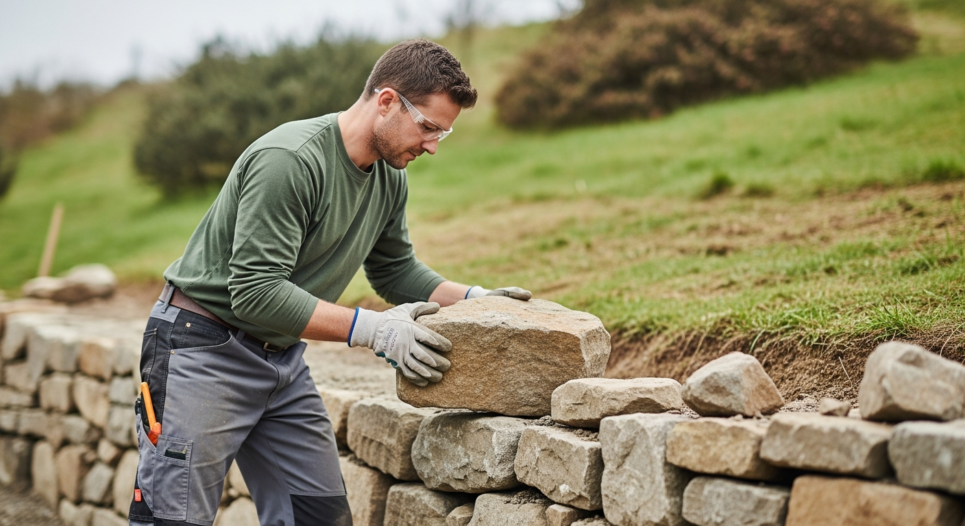 Stonemason building a retaining wall