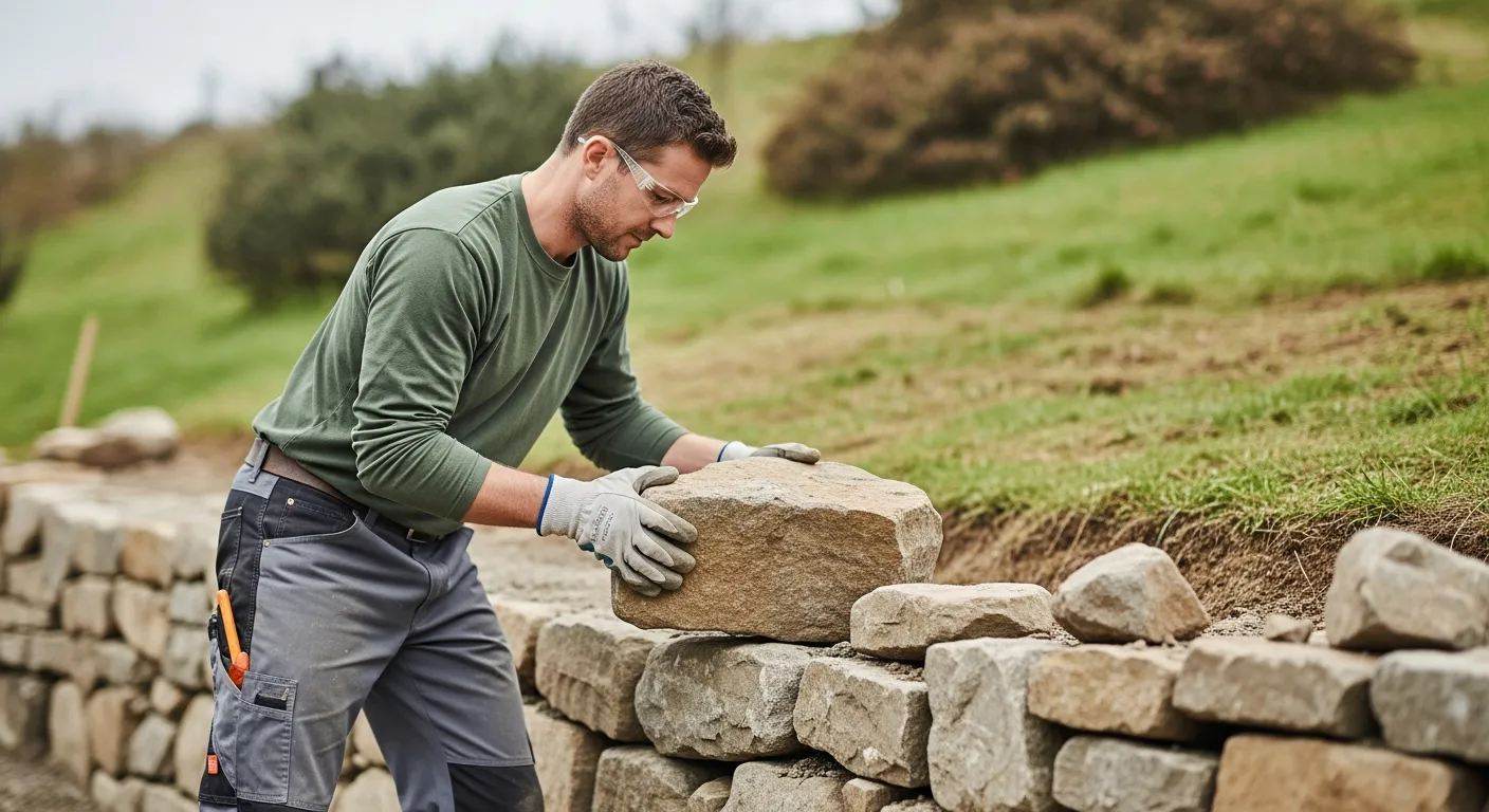 Stonemason building a retaining wall