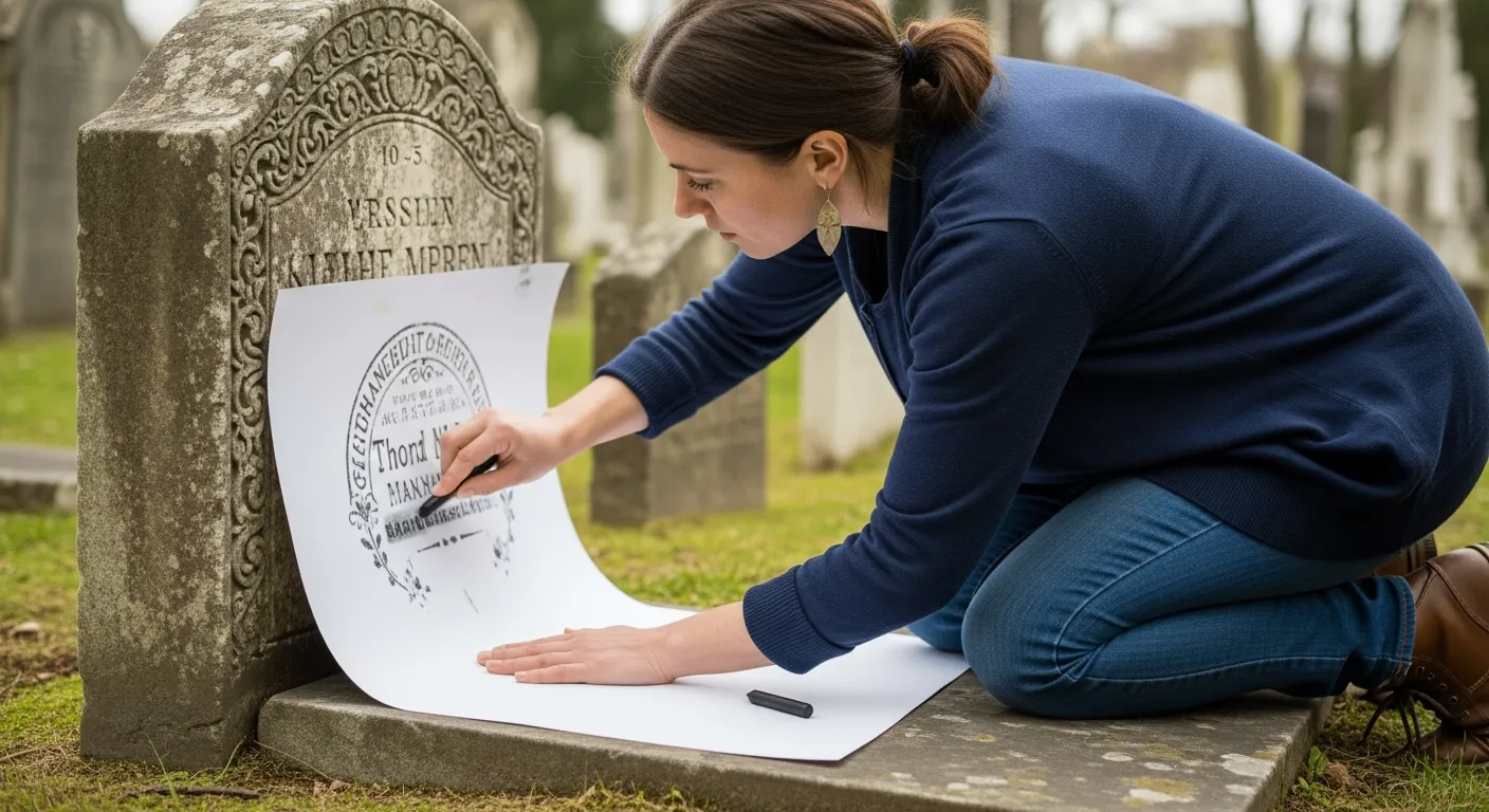 A woman makes a stone rubbing in a cemetery.