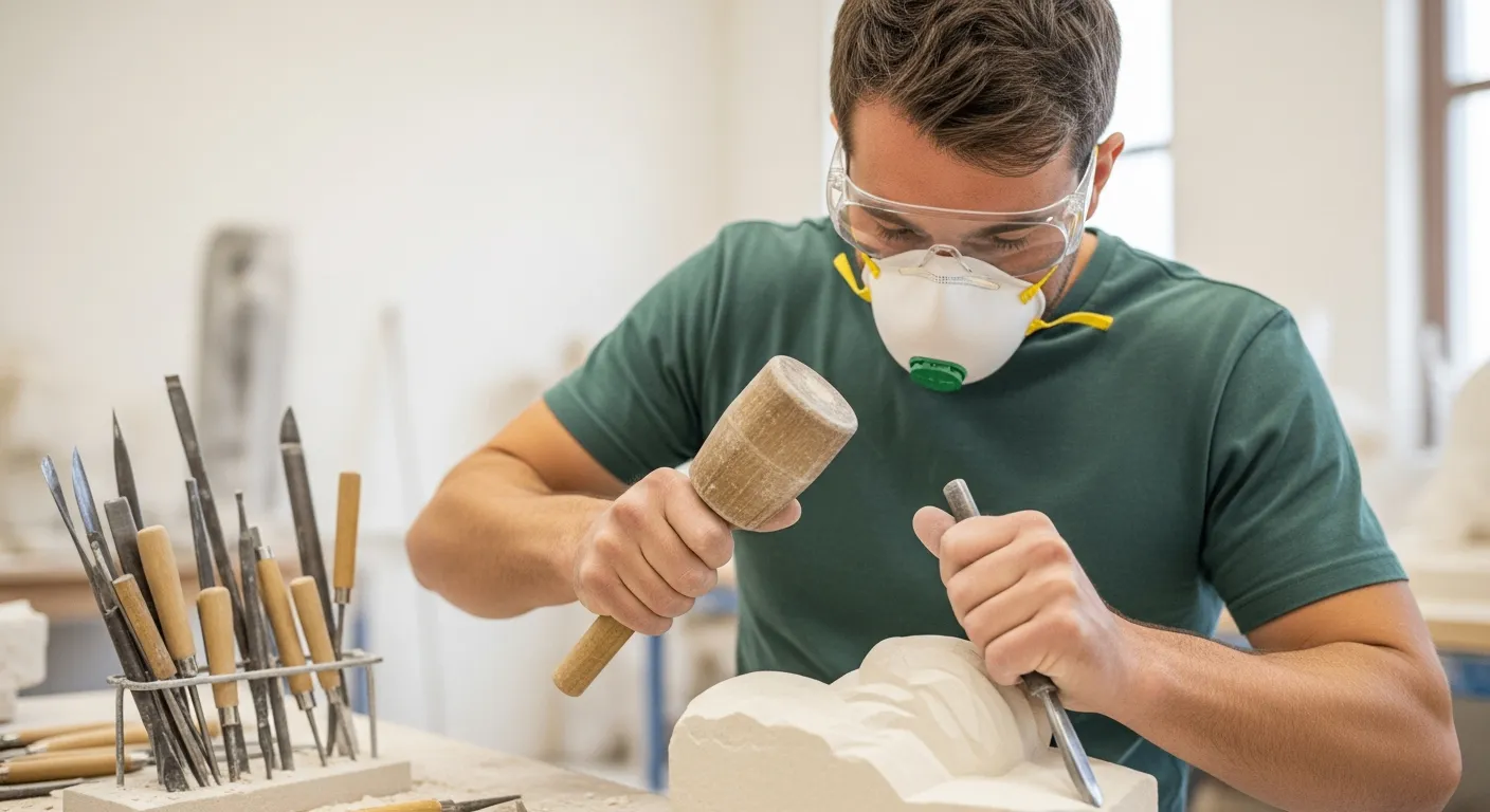 Man sculpting stone with chisel and mallet