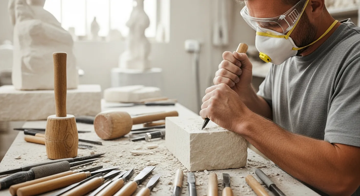Man carving a stone sculpture in a workshop