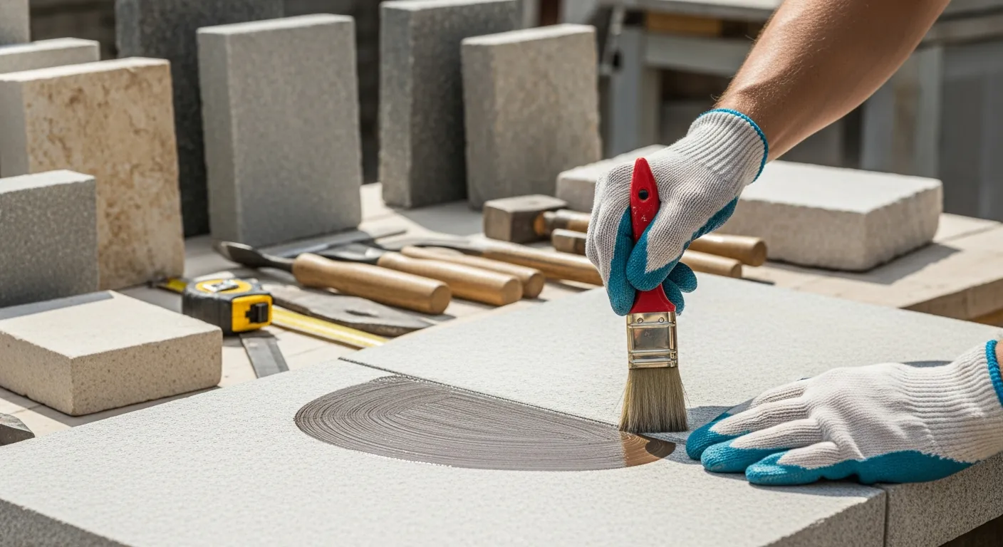 A stonemason seals a stone surface with a brush.