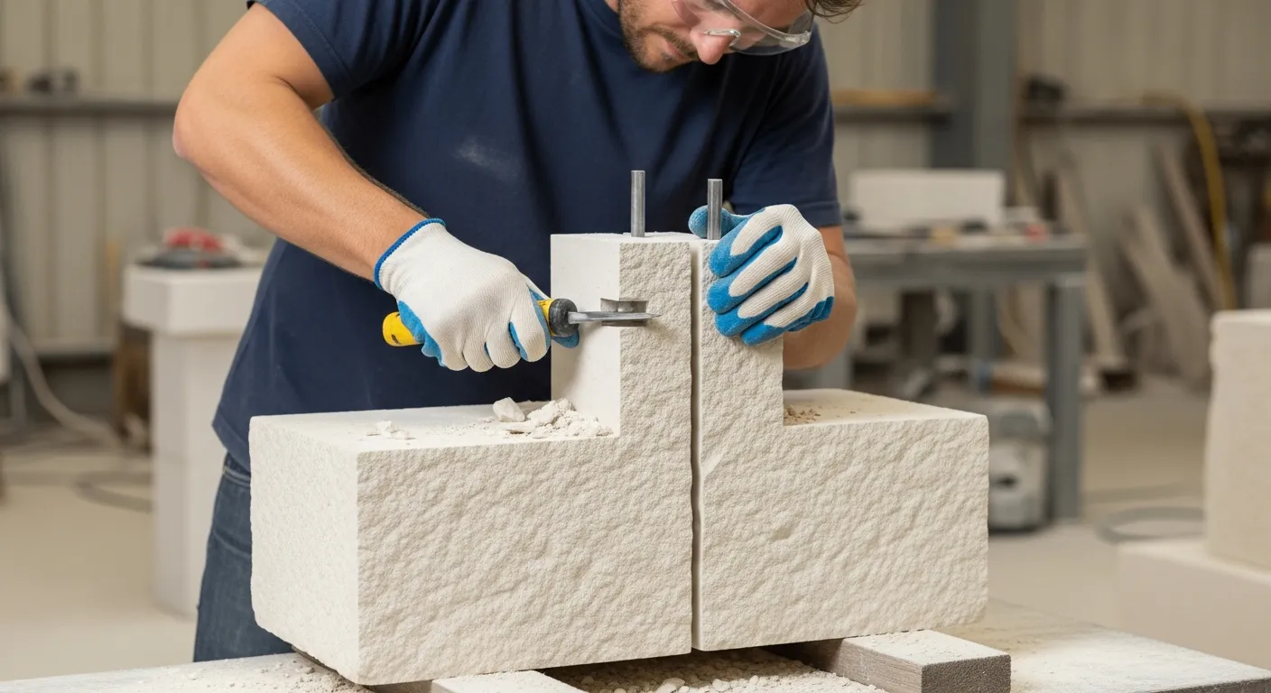 Stonemason splitting a stone with hammer and chisel