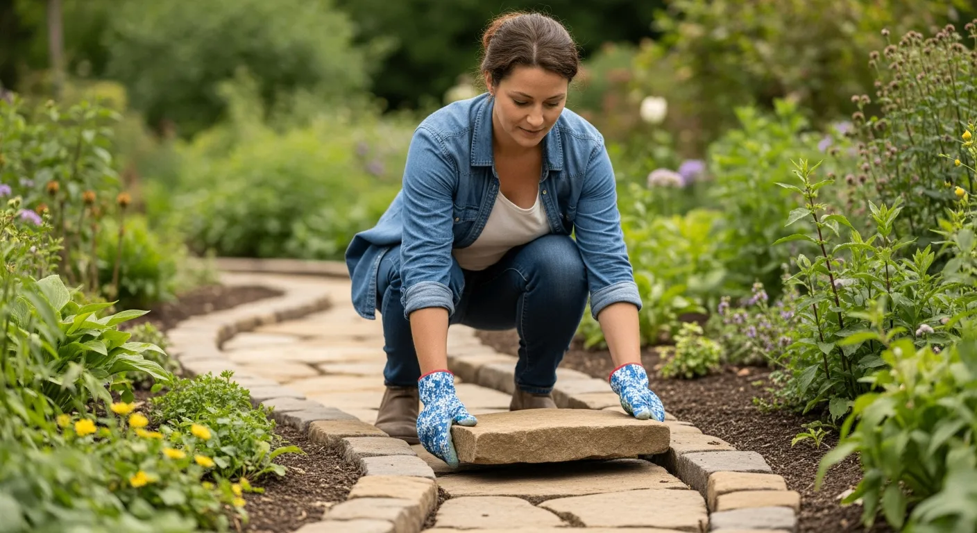 A woman is building a stone path in her garden.