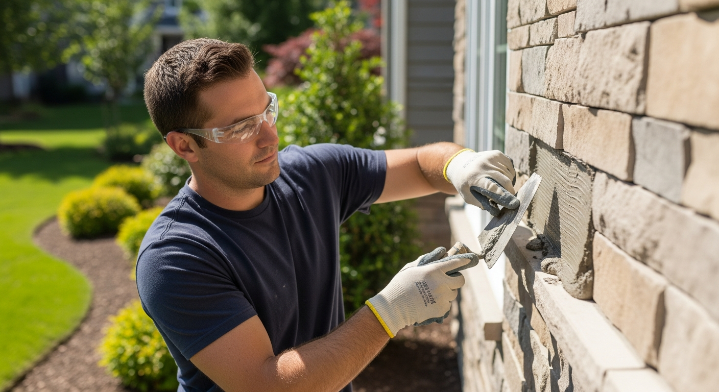 Man installing stone veneer on a house exterior wall.