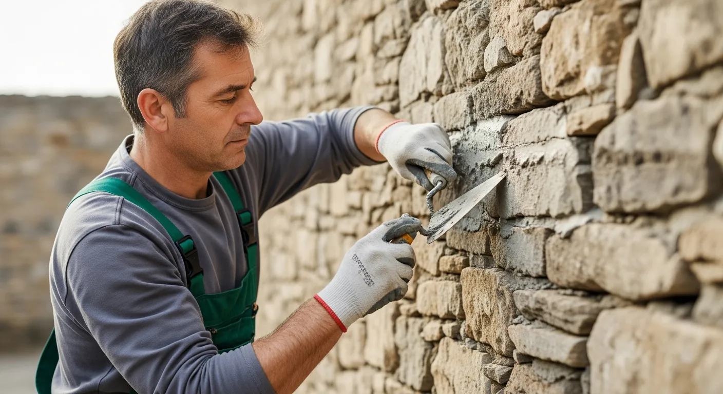 Man repairing a stone wall with mortar